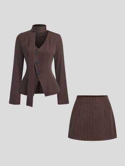 SHEIN Sweetro Early Autumn New Arrival Korean Style Suit, Brown Striped Design, V-Neck, Waist Cinched, Bodycon Fashionable Women's Suit Set