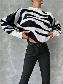EURMUSE Plus Zebra Striped Pattern Drop Shoulder Sweater, For Winter - Black and White - View 5