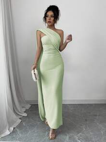 Lyxana Women's New Apricot Cocktail Party Dress, Elegant Slit Back Ruched Waist Sexy Tube Knit Dress, European And American Fashion Formal Dress For Elegant Occasions, Valentine's Day - Mint Green - View 3