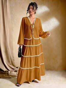 SHEIN Tall Conjunto de 2 peças elegante e romântico francês, composto por: Cardigan de manga longa com textura trançada e cinto de amarrar para mulheres plus size, design de bainha com babado contrastante, e Saia Maxi com cintura elástica - Laranja - Visão 5