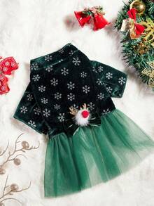 PETSIN 1pc Christmas Green Velvet Pet Dress – Snowflake & Silver Foil Splice, Mesh Bow Tie, Deer Decor, Luxurious Holiday Dog Outfit - Multicolor - View 4