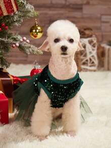 PETSIN Emerald Green Glitter Tulle Princess Dress For Dogs & Cats, Christmas Party Pom Pom Skirt - Dark Green - View 3