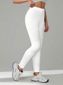 SHEIN Tall Vita stickade skinnybyxor med enfärgad design för vardags- och träningskläder Vita leggings Vita leggings för kvinnor Vita leggings för kvinnor Vita byxor för kvinnor - Vitt - Visa 5