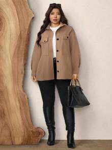 SHEIN LUNE Plus Size Casual Overcoat, Suitable For Autumn/Winter - Khaki - View 4