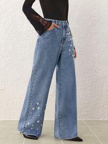 Selenza Women's Fashion Commuter Studded Decoration Wide-Leg Jeans - Blue - View 4