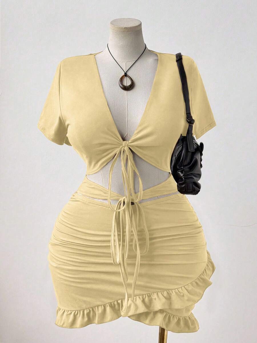 Sunspun Rochie de seară pentru femei, mărime plus, culoare solidă, sexy, cu decolteu în V, cu nod în V, talie încrețită, scobită în gol - Caisă - Vizualizare 1