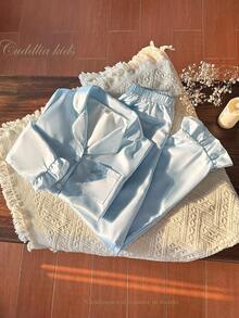 SHEIN 2 件女童纯蓝色休闲简约长袖上衣和裤子套装，舒适家居服 - 藍色 - 查看 4