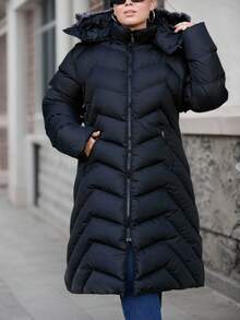 EURMUSE Plus Size Women's Zip Up Fuzzy Trim Hooded Puffer Coat, For Winter