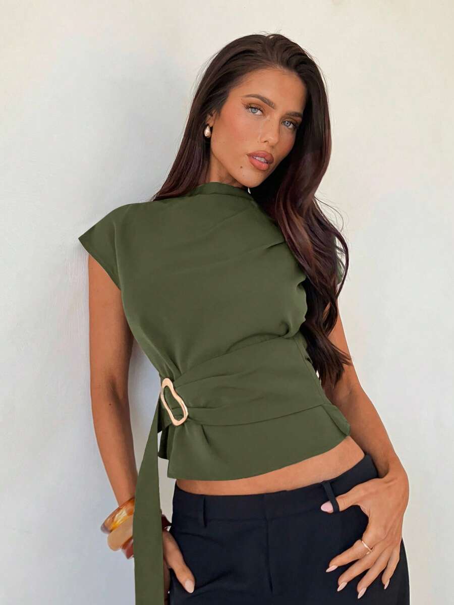 Aloruh Coffee Metal Buckle Decor Women's Stand Collar Short Sleeve Cropped Fashionable Commuter Shirt - Army Green - View 1