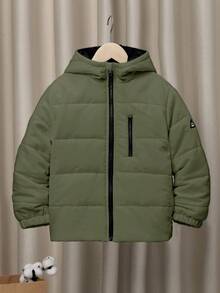 SHEIN Young Boys Casual Thick Hooded Jacket, Comfortable For School, Commute, Leisure, Street Style, Party & Outdoor Play, Autumn/Winter Fall - Army Green - View 4