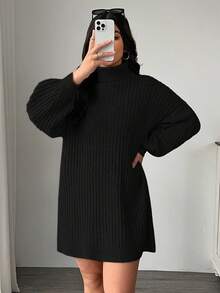 CovetEZ 大码宽松高领蝙蝠袖粗针织毛衣连衣裙，秋冬