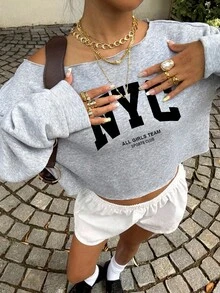 SHEIN EZwear 女式露肩纽约字母印花短款运动衫，健身舞蹈运动衫，秋冬宽松圆领长袖厚套头运动衫，时尚款式适合街头和机场穿着 - 彩色 - 查看 6