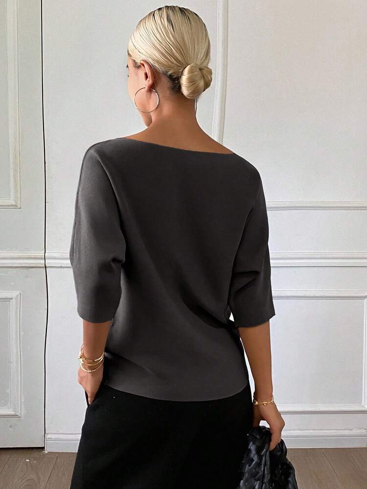 Women's Solid Color Fitted Boat Neck Half Sleeve Casual Elegant Knit Top, Autumn/Winter