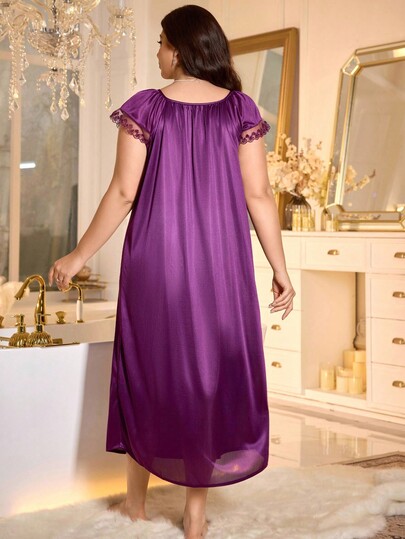 LuxeNights Plus Contrast Kanten Tie Front Sleep Nightdress, Long Dress, Moo view 2