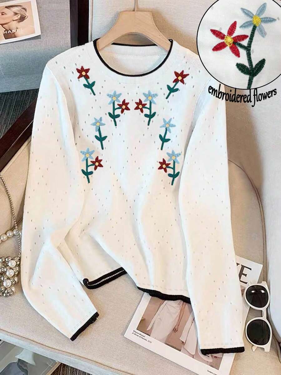 Resyla Women's Floral Embroidery Crew Neck Casual Long Sleeve T-Shirt - Multicolor - View 1