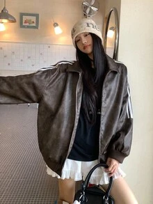 DAZY 女式撞色条纹拼布翻领 PU 皮夹克，休闲街头风格秋冬