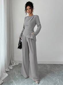 SHEIN Raffinéa 2 件套女士圆领纯色褶皱不对称下摆长袖上衣端庄两件套 2 件套休闲套装女士灰色 2 件套 2 件套女士优雅舒适两件套 - 灰色 - 查看 4