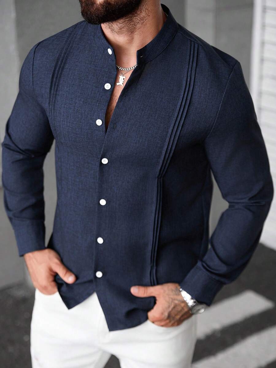 Manfinity CasualCool Men's Casual Stand Collar Long Sleeve Shirt, Suitable For Daily Wear, Navy Blue Business Button-Down Dress Shirt, Old Money, Fall