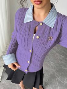 Chiquease Áo khoác len cardigan ngắn 2 trong 1 chắp vá thời trang lấy cảm hứng từ Blogger, phong cách Châu Âu và Mỹ - Màu tím  Violet - Xem 7