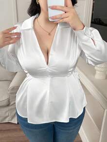 Modelyn 加大码女式醋酸纤维哑光缎面系腰法式简约百搭长袖衬衫 - 白色 - 查看 1