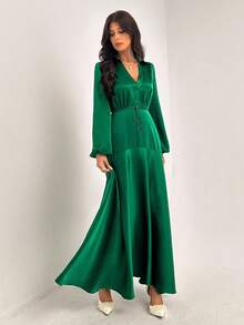 Almamuse Damen elegantes, strukturiertes Kleid mit weitem Ärmel - Grün - Übersicht 5