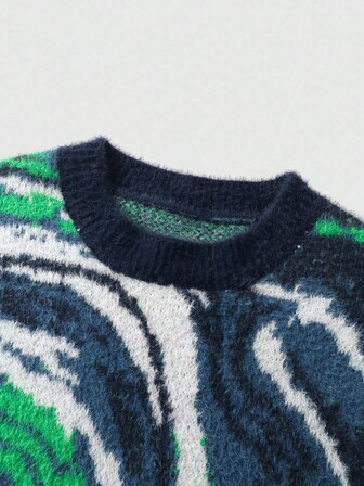 Street Life Suéter de cuello redondo casual y versátil de manga larga con estampado total para hombre