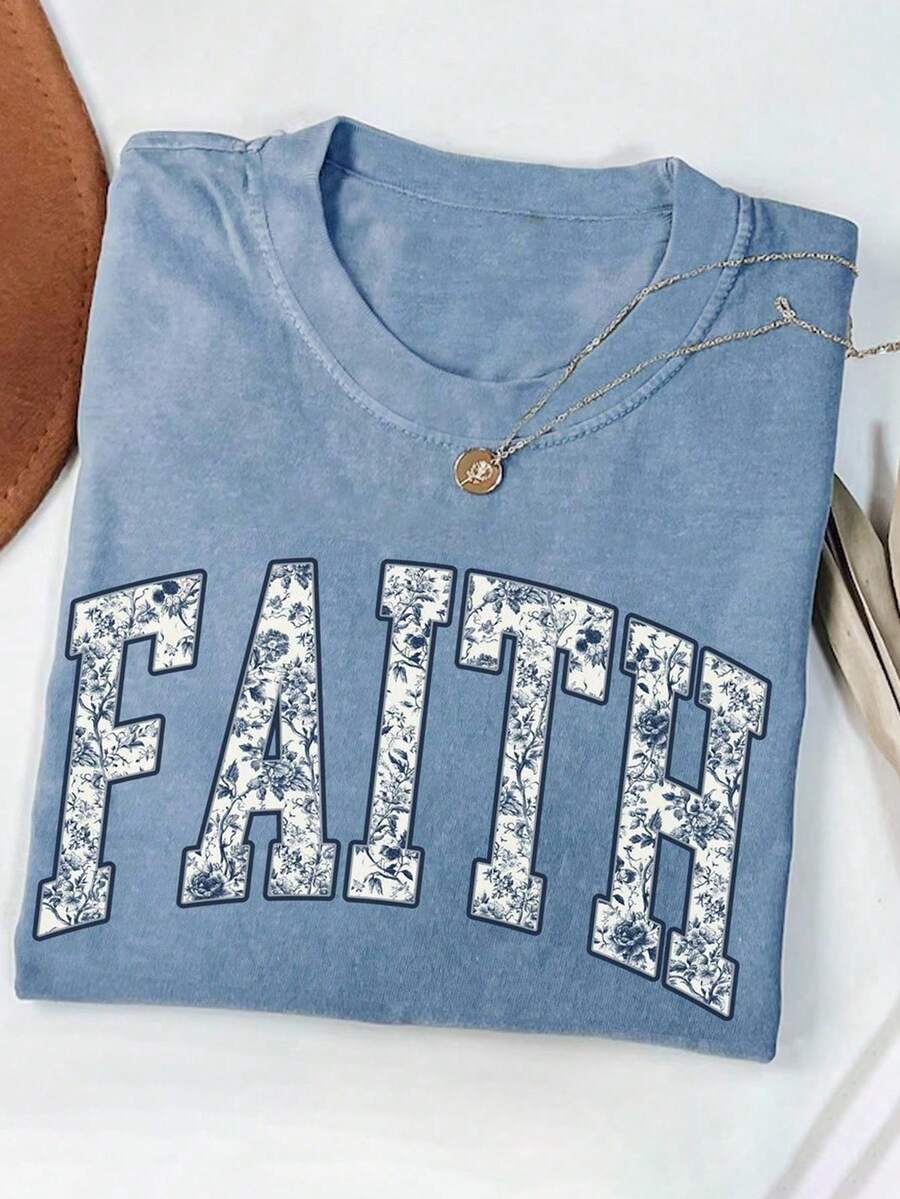 INAWLY Women Letter Print Round Neck Short Sleeve Casual Loose T-Shirt - Blue - View 1
