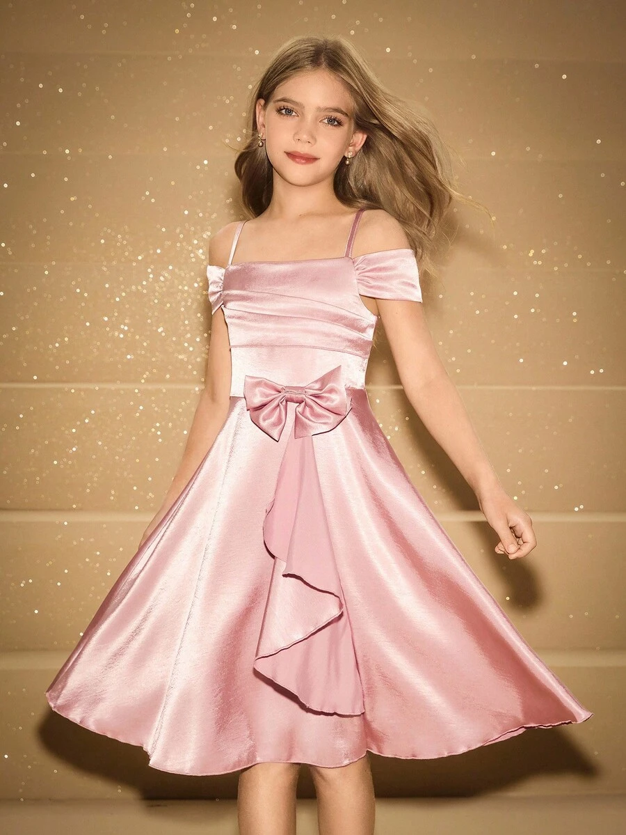 女孩优雅奢华粉色圆领蝴蝶结前中长款派对礼服，适合晚会、婚礼、花童、节日、生日、返校、毕业典礼、圣诞节、万圣节等场合 - 粉色 - 查看 1