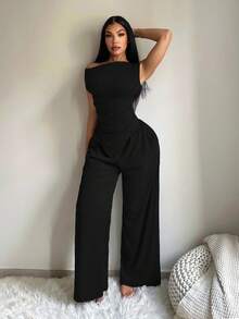 SHEIN SXY Asymmetric Neck Ruched Black Blouse And High Waist Loose Pocket Pants Women 2 Pieces Set, Suitable For Vacation, Date, Casual, Commute, Home - Black - View 3