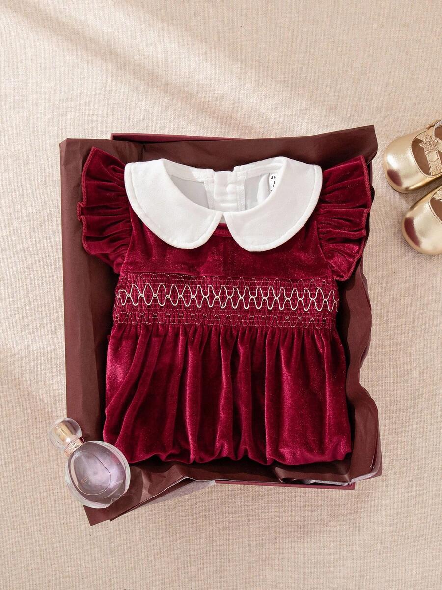 Souflis Souflis 两件套：优雅的勃艮第天鹅绒连衣裙和白色长袖 T 恤，复古法式风格，适合派对、聚会、2025 年秋冬、婴儿和女婴 - 酒紅色 - 查看 1