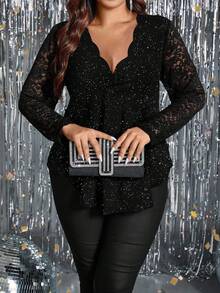 Femmeverse Plus Size Women's Casual T-Shirt With Lace Patchwork And Shell Trim, Long Sleeve Fall Cloth For Women