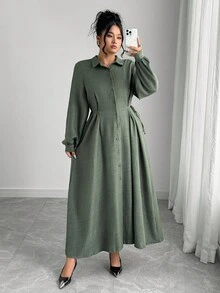 Elenzga 大码女式优雅正式办公室通勤休闲度假复古教师秋季中东纯色皱褶面料衬衫领前开腰系蝴蝶结中长连衣裙 - 軍綠色 - 查看 1