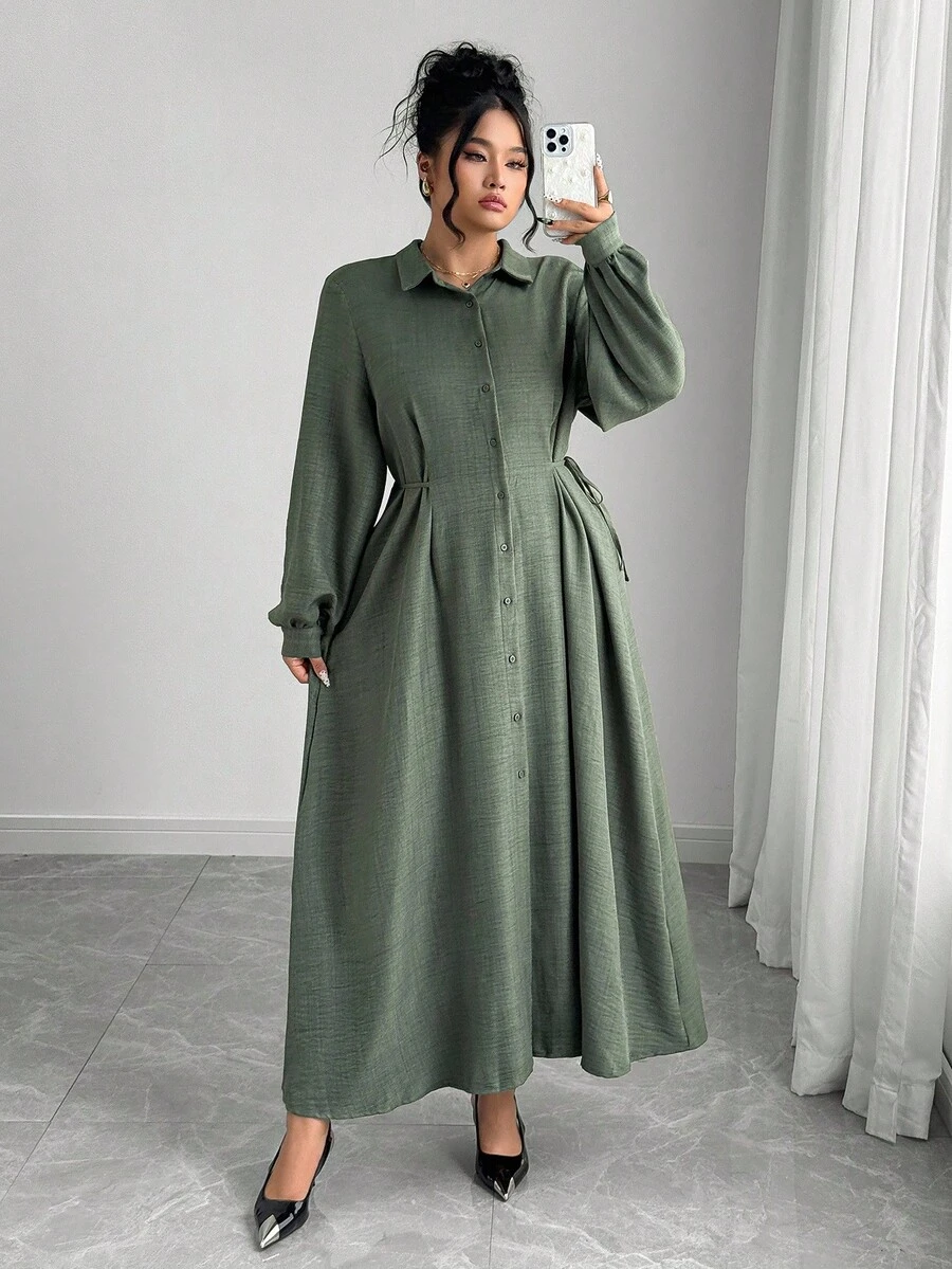 Elenzga 大码女式优雅正式办公室通勤休闲度假复古教师秋季中东纯色皱褶面料衬衫领前开腰系蝴蝶结中长连衣裙 - 軍綠色 - 查看 1