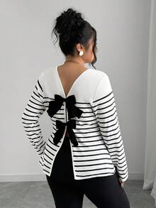 Elenzga Plus Size Striped Backless Bow Cutout T-Shirt, Spring/Summer Bow Clothes Women Long Sleeve Tops Stripe Top Bow Tops Bow Top Women
