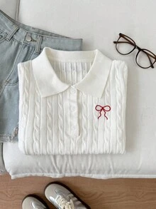 Flirla Top côtelé décontracté pour femmes avec nœud et broderie de style universitaire