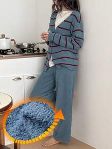 DAZY 女士针织条纹提花上衣和纯色宽松睡裤家居服套装，冬季舒适秋季服装 - 藍色 - 查看 3