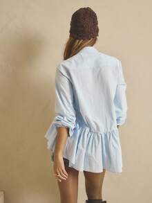 Aralina 秋冬长袖娃娃装纽扣式荷叶边不对称下摆灯笼袖优雅女士衬衫，乡村风格和斯德哥尔摩风格上衣 - 藍色 - 查看 2