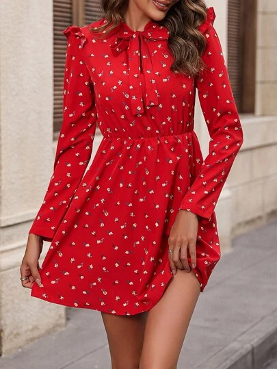 EMERY ROSE Vestido elegante de manga larga con cuello de corbata, hombros con parches, volantes en el bajo y estampado floral diminuto