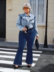 EMERY ROSE Damen Große Größen Vintage Washed Jeans Bluse, Herbst/Winter - Helle Waschung - Übersicht 6