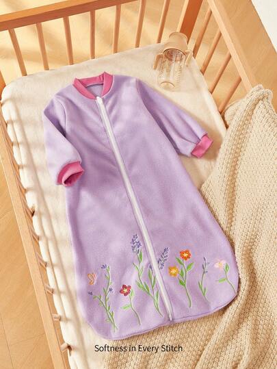 Cozy Pixies 1pc Baby Bedding, Infant Fleece Warm Sleeping Bag, Purple Floral Embroidery Pattern, Long Sleeve, Newborn Winter Warmer