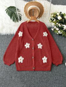 SHEIN LUNE Christmas Plus Size Women Solid Color Knitted V-Neck Daisy Embroidered Single-Breasted Lantern Sleeve Casual Cardigan Sweater, Autumn/Winter - Red - View 6