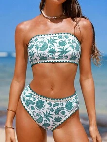 SHEIN Swim Set de costume de baie cu bikini sexy de vară cu imprimeu cu plante de plajă pentru femei - Verde - Vizualizare 5