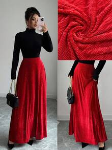 Elenzga Chân váy chữ A lưng cao xếp ly nhung dự tiệc thông thường 25-30+, thanh lịch dành cho nữ, mùa thu/đông - Đỏ - Xem 1