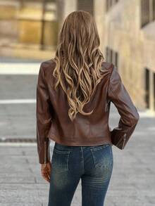 Solivie 女士秋冬仿皮棕色夹克，拉链款，复古风，适合整个冬季和秋季穿着 - 摩卡棕 - 查看 2