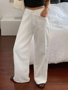 DAZY 女士休闲宽松高腰白色牛仔裤 - 卡其色 - 查看 4