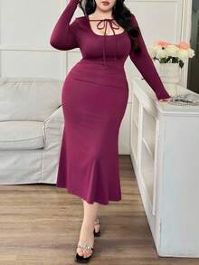 Modelyn Women's Fashionable Casual Elegant Solid Color Knit Plus Size Dress - Purple - View 5