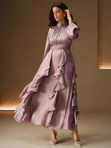 Anewsta 高品质时尚优雅标准尺码女士连衣裙，不对称荷叶边下摆长裙 - 粉色 - 查看 4