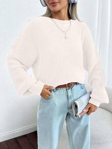 SHEIN Women Solid Color Round Neck Drop Shoulder Chunky Pullover