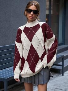 SHEIN Tall Tall Size Women Mock Neck Diamond Pattern Drop Shoulder Multicolor Pullover - Burgundy - View 5