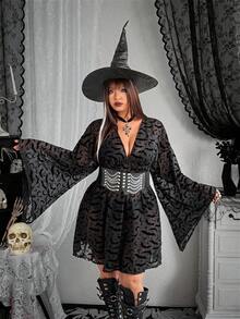 Whyspr Grunge Punk Halloween Y2K Dark Gothic Style Bat Cross Flocked Print Sexy Mini Skirt Dress, Long Sleeve Punk Abby Culture Sheer Overlay Dress For Women - Black - View 7